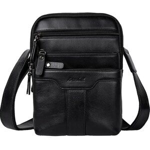 Men's Black Small Zipper Messenger Pack Genuine Leather Sling Shoulder Bag